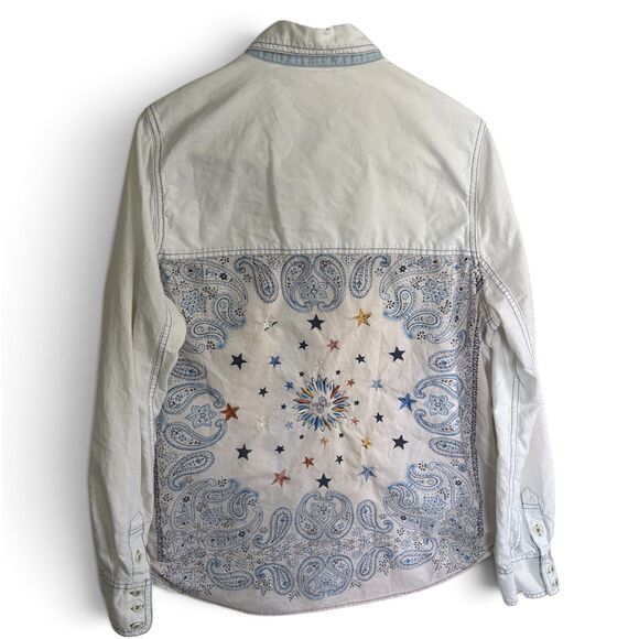 Free People Tops - Free People Bandana Bandit Western Shirt Large White Embroidered Paisley Star